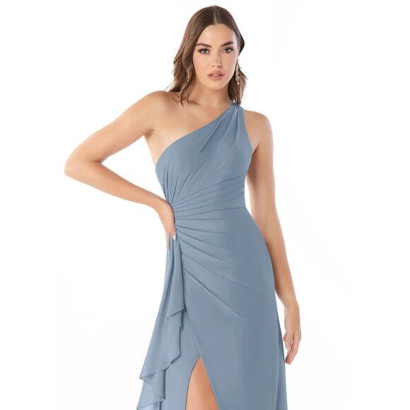 Azazie Maive Dusty Blue One-Shoulder Ruched Chiffon Bridesmaid Dress Size A12 - Picture 4 of 11